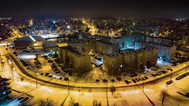 Nocne Giżycko z lotu ptaka, marzec 2023 r.